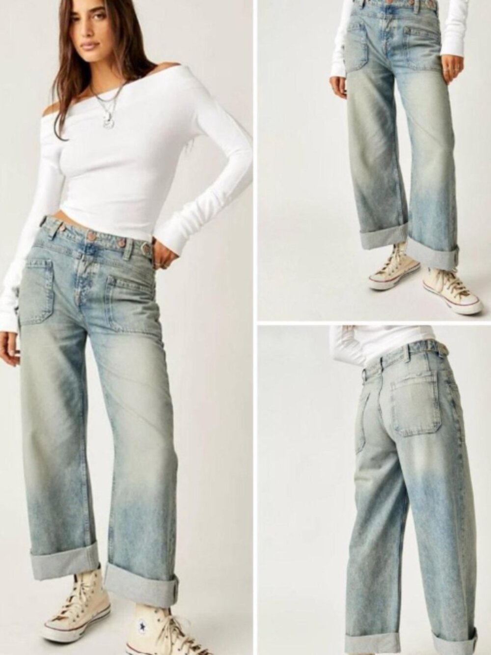 Free People Palmer Cuffed High rise wide leg loose Jeans Light wash